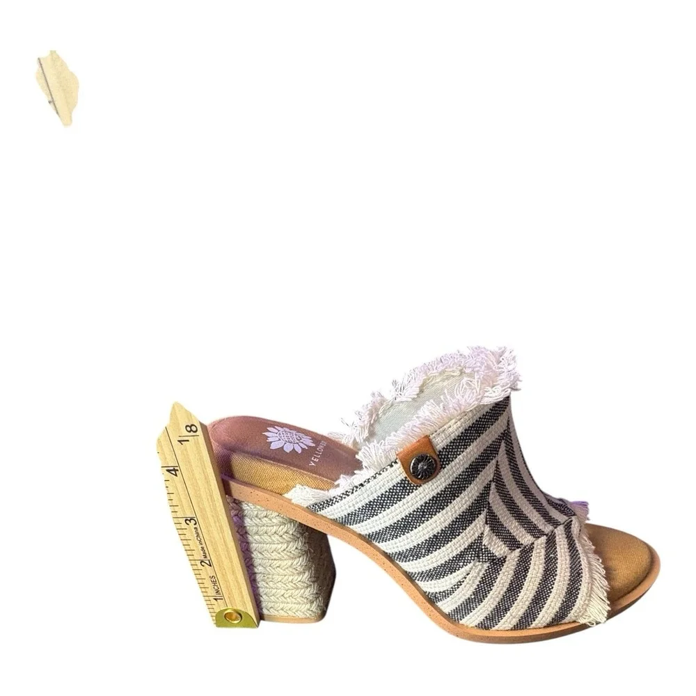 Yellow Box Striped Fringe Heeled Mules Size 7.5 Boho Slip-On Sandals - Picture 6 of 9